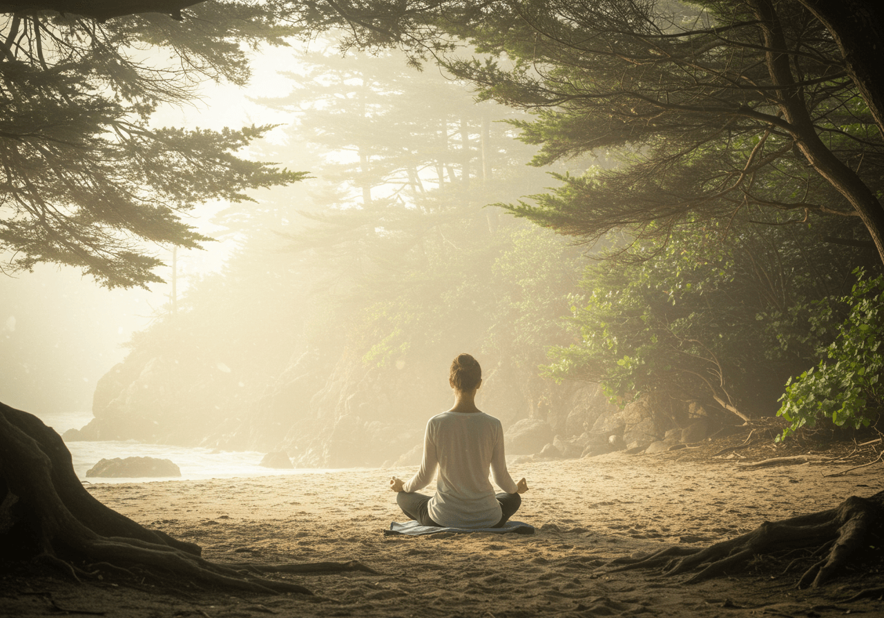 mindfulness meditation - a woman sitting on a beach in the wood