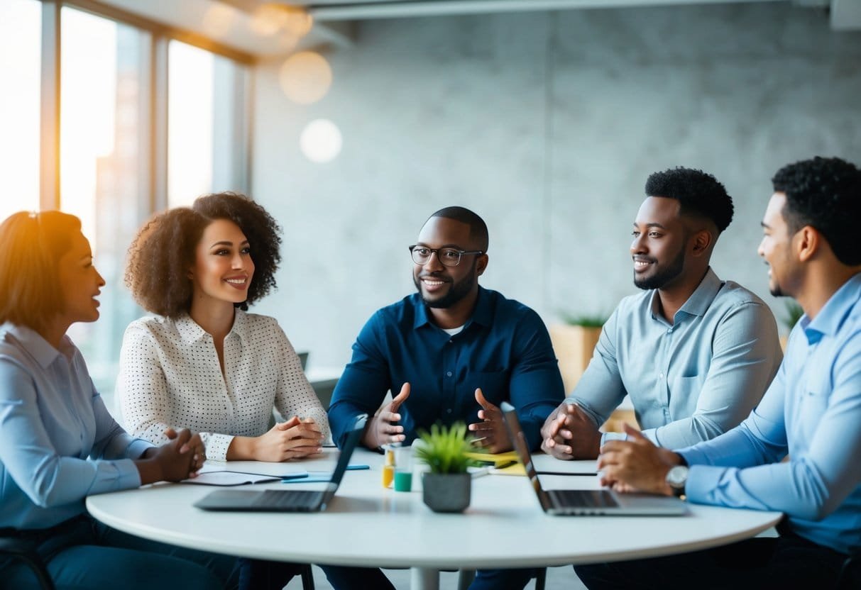 A group of diverse coworkers engage in active listening and empathetic communication during a team meeting, demonstrating improved emotional intelligence in the workplace