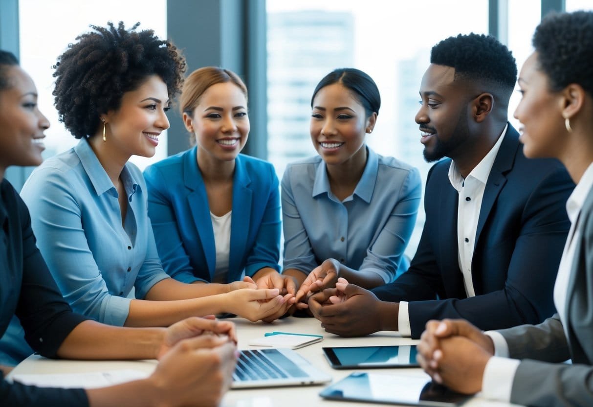 A diverse group of co-workers engage in open communication and collaboration, demonstrating empathy and understanding towards each other's emotions in a professional setting