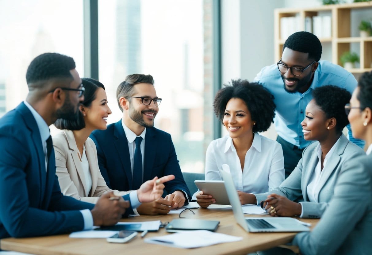 A diverse group of professionals engage in active listening and open communication, fostering a positive and collaborative work environment