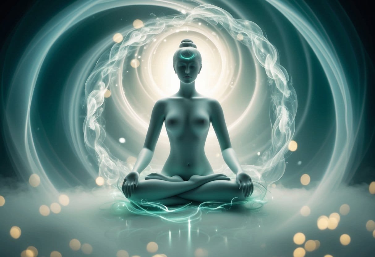 A serene figure surrounded by swirling, ethereal patterns, symbolizing the unlocking and harnessing of the subconscious mind's power