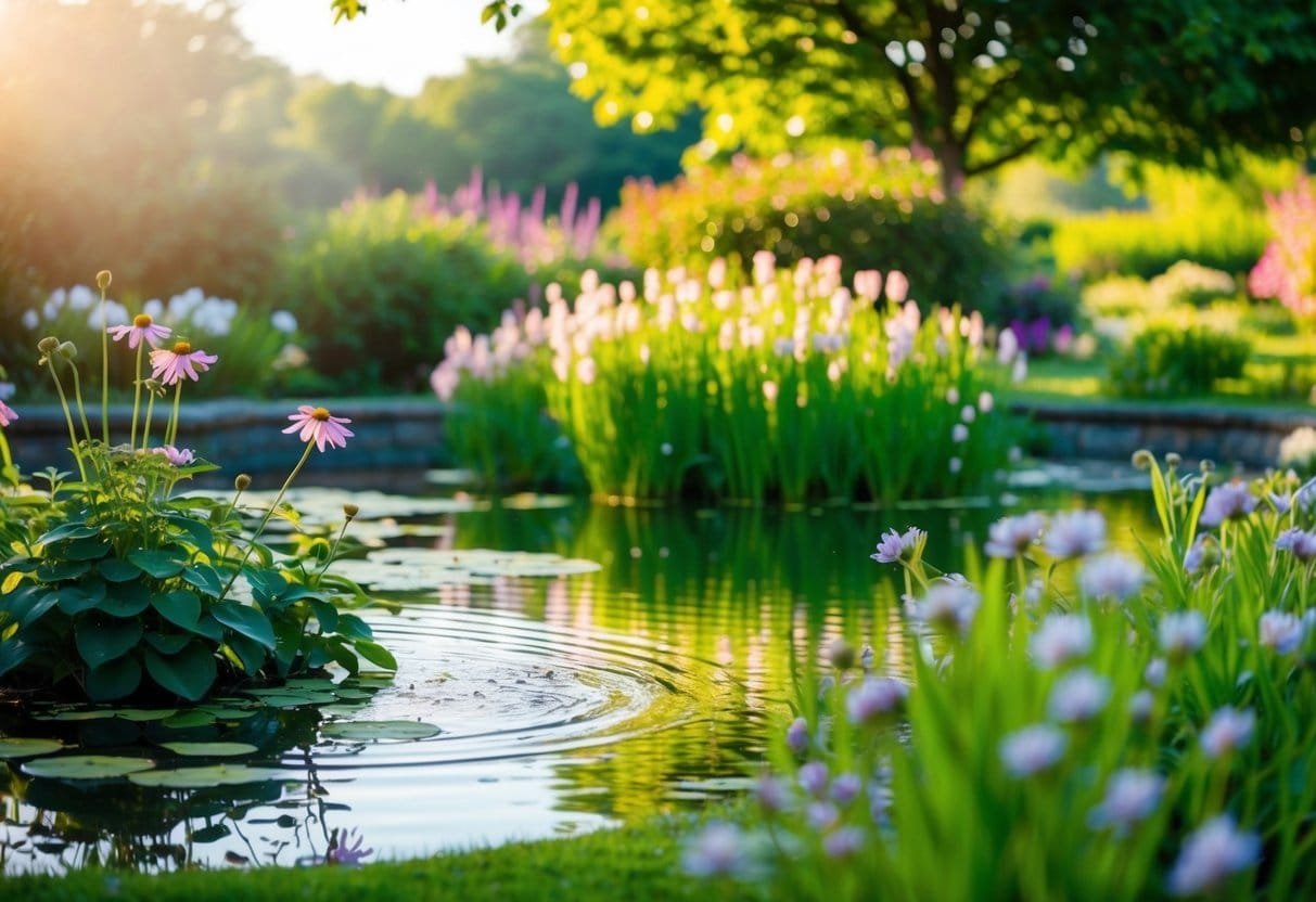 A serene garden with blooming flowers and a tranquil pond, surrounded by lush greenery and bathed in soft, warm sunlight