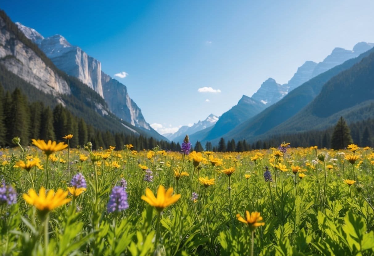 A serene, sunlit meadow with vibrant flowers and a clear, blue sky, surrounded by tall, majestic mountains
