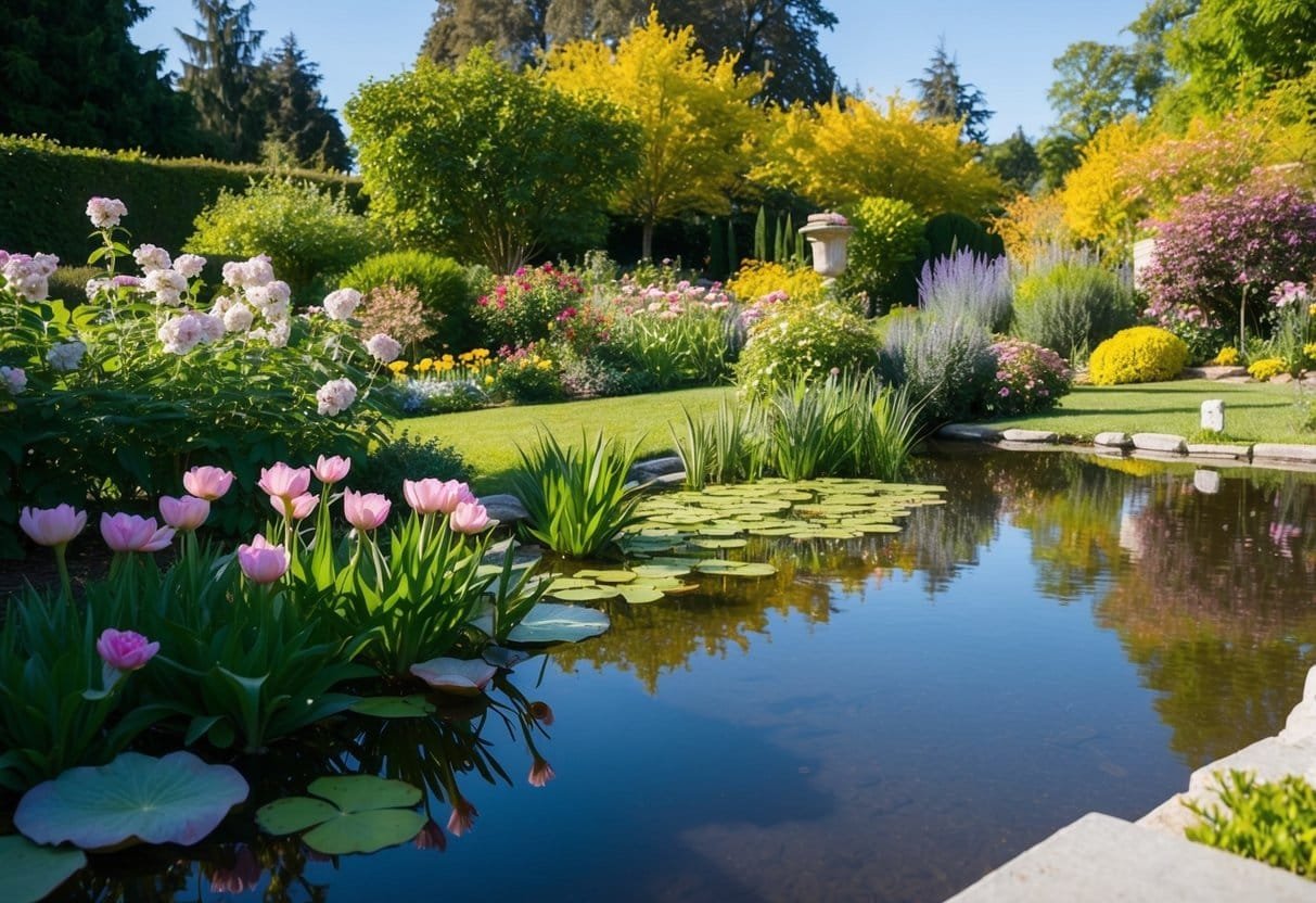 A serene garden with blooming flowers, a peaceful pond, and a clear blue sky, evoking a sense of gratitude and happiness