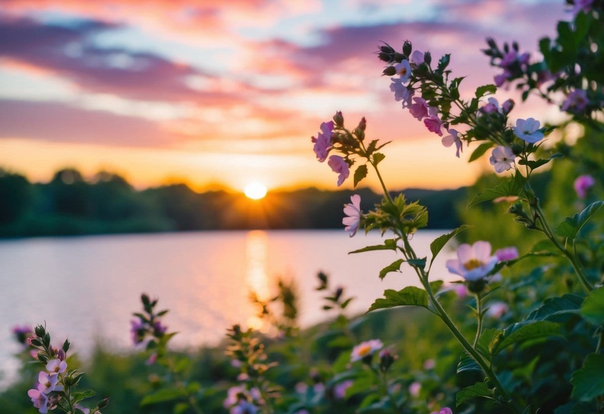 A serene nature scene with a vibrant sunrise or sunset, featuring blooming flowers, lush greenery, and a peaceful body of water