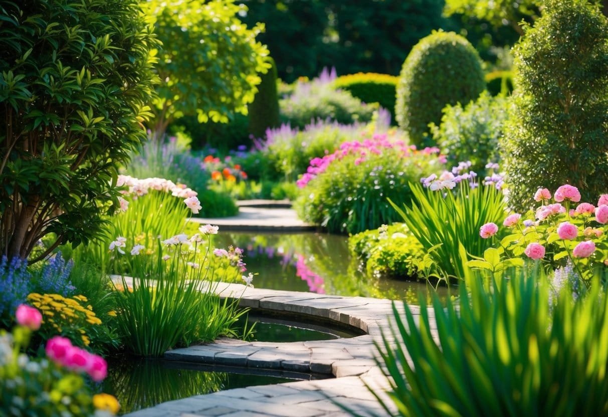 A serene garden with blooming flowers, a tranquil pond, and a peaceful path winding through the lush greenery, evoking a sense of gratitude and tranquility