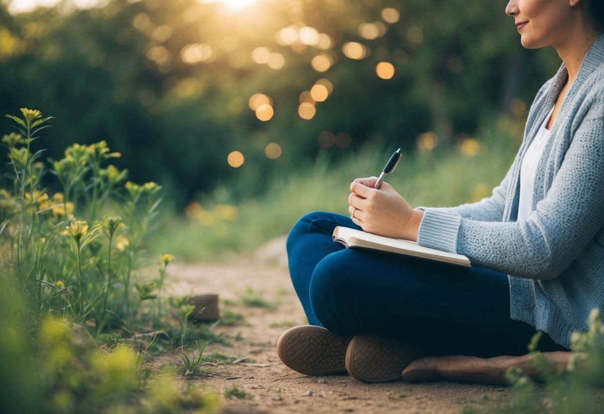 A person sitting in a peaceful outdoor setting, surrounded by nature, with a journal and pen in hand, reflecting on daily gratitude rituals and exercises