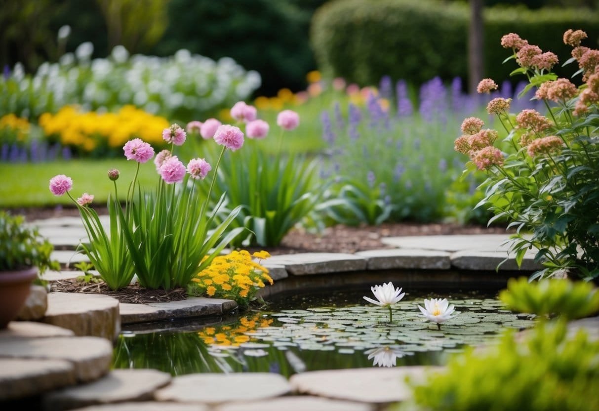 A serene garden with blooming flowers, a peaceful pond, and a gentle breeze, evoking a sense of tranquility and gratitude