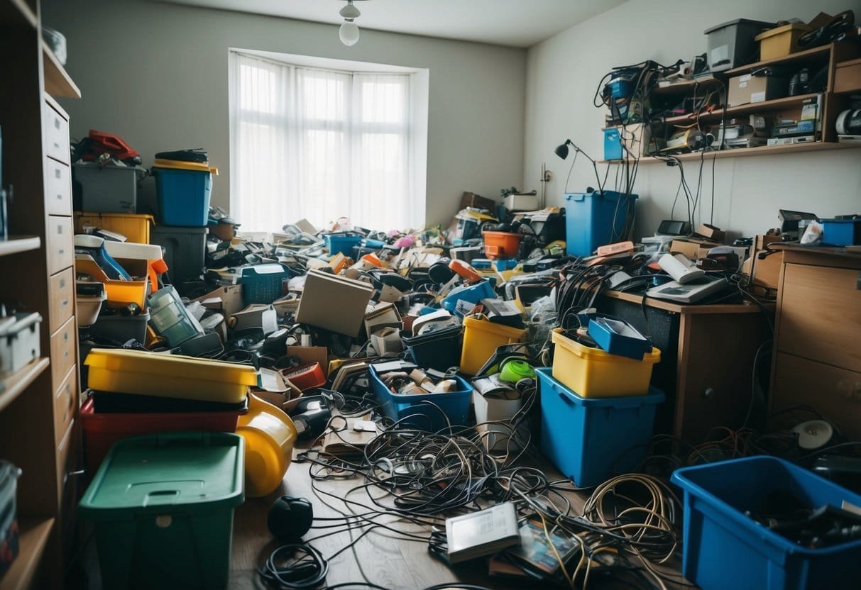 A cluttered room with scattered items, overflowing bins, and tangled wires, creating a sense of chaos and overwhelm