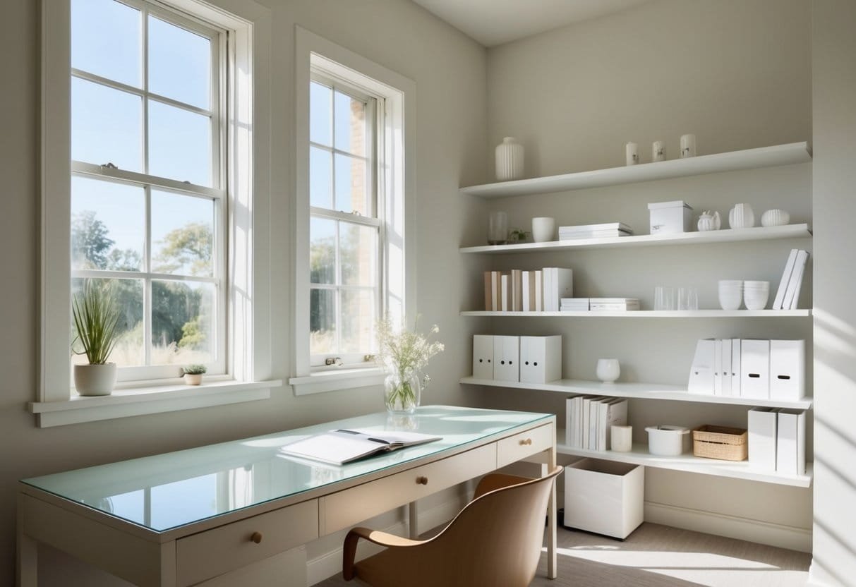A serene, organized space with minimalistic furniture, tidy shelves, and open windows letting in natural light. A clear desk and uncluttered surfaces convey a sense of mental clarity