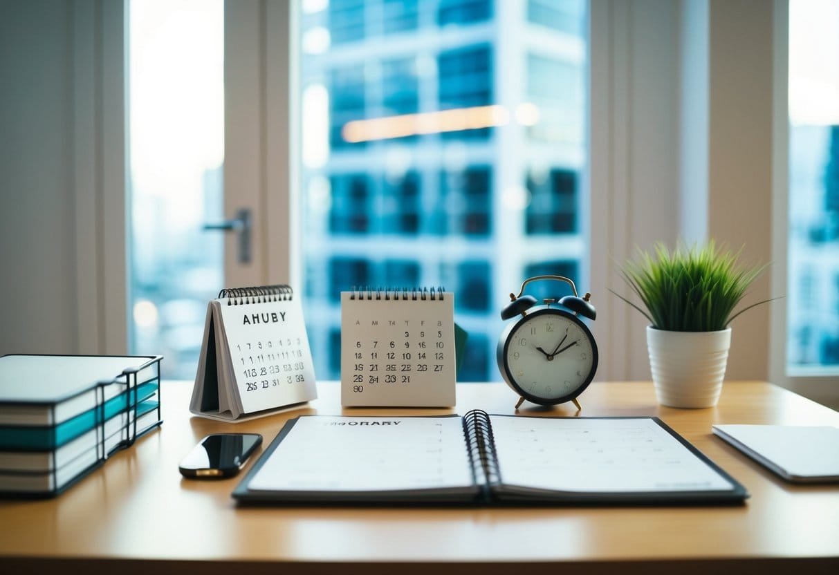 A tidy desk with a clear calendar, a clock, and a focused mind