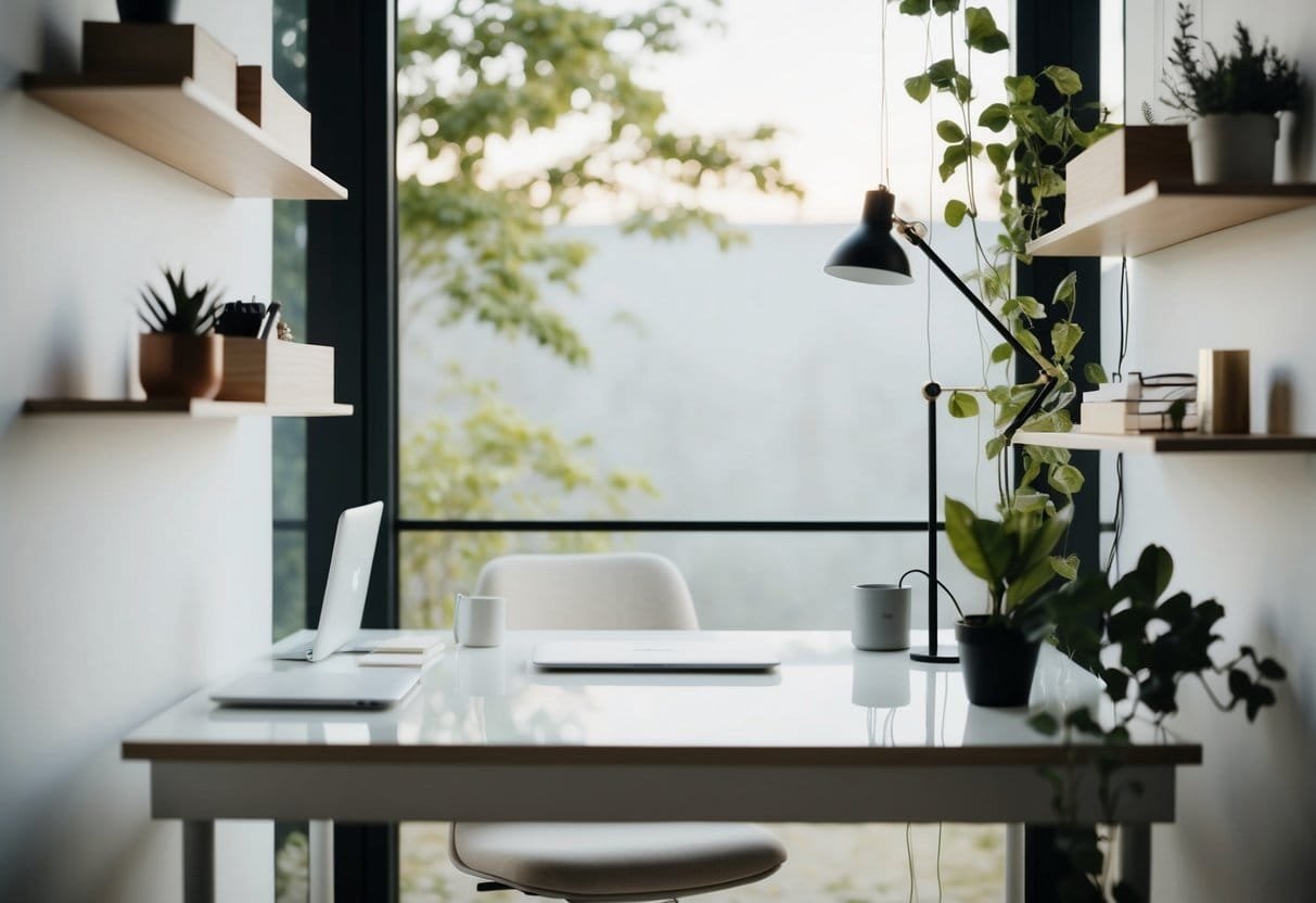 A serene, minimalist workspace with organized shelves and a clear desk, surrounded by nature and natural light, evoking a sense of mental clarity and calm