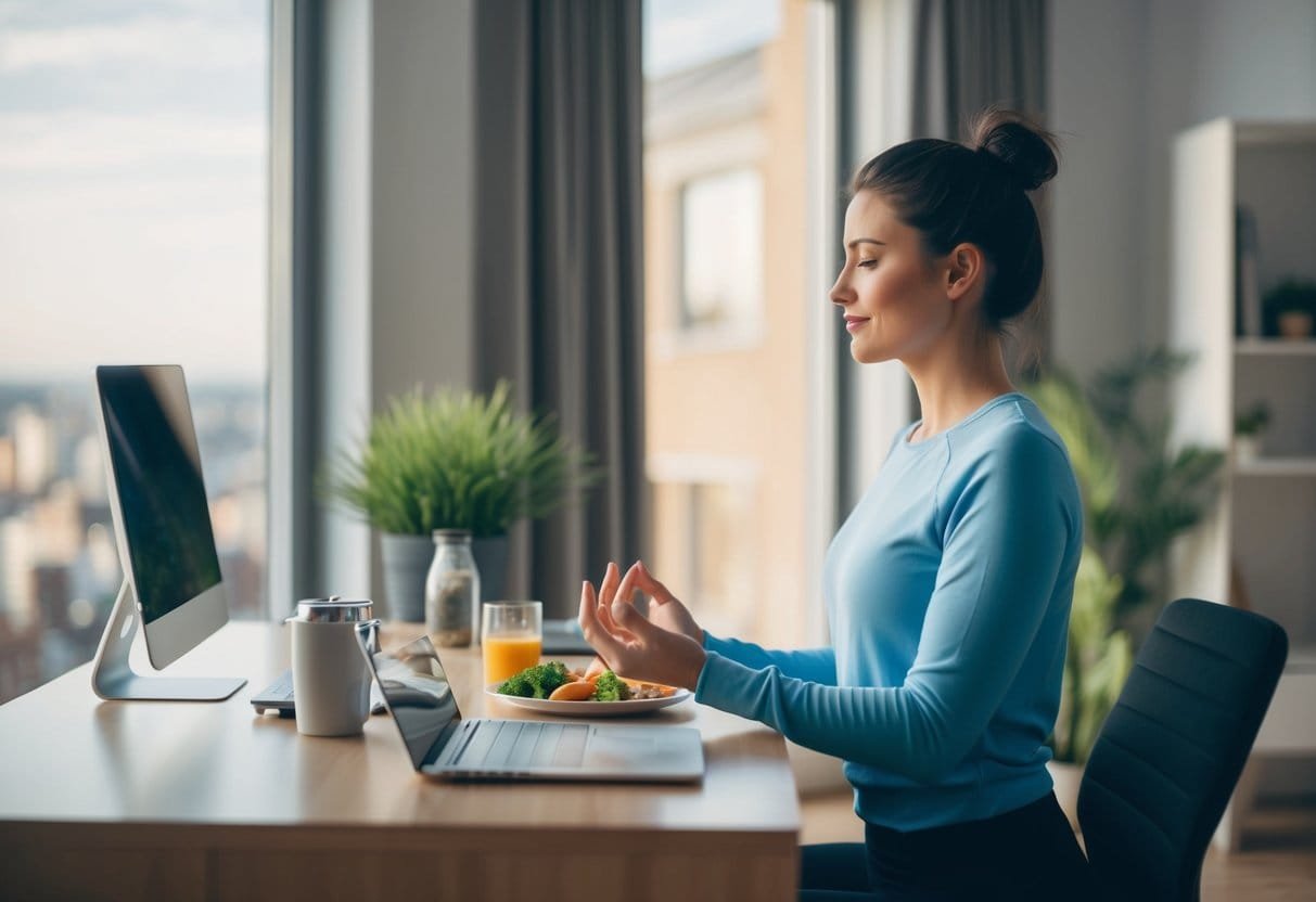A person waking up, exercising, then meditating, followed by a healthy breakfast, and finally starting work at a tidy desk