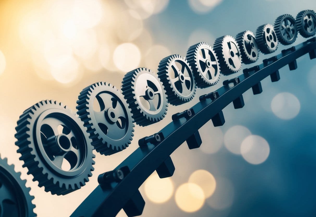 A series of interconnected gears turning, each one representing a different habit, all working together to create a sense of momentum and progress