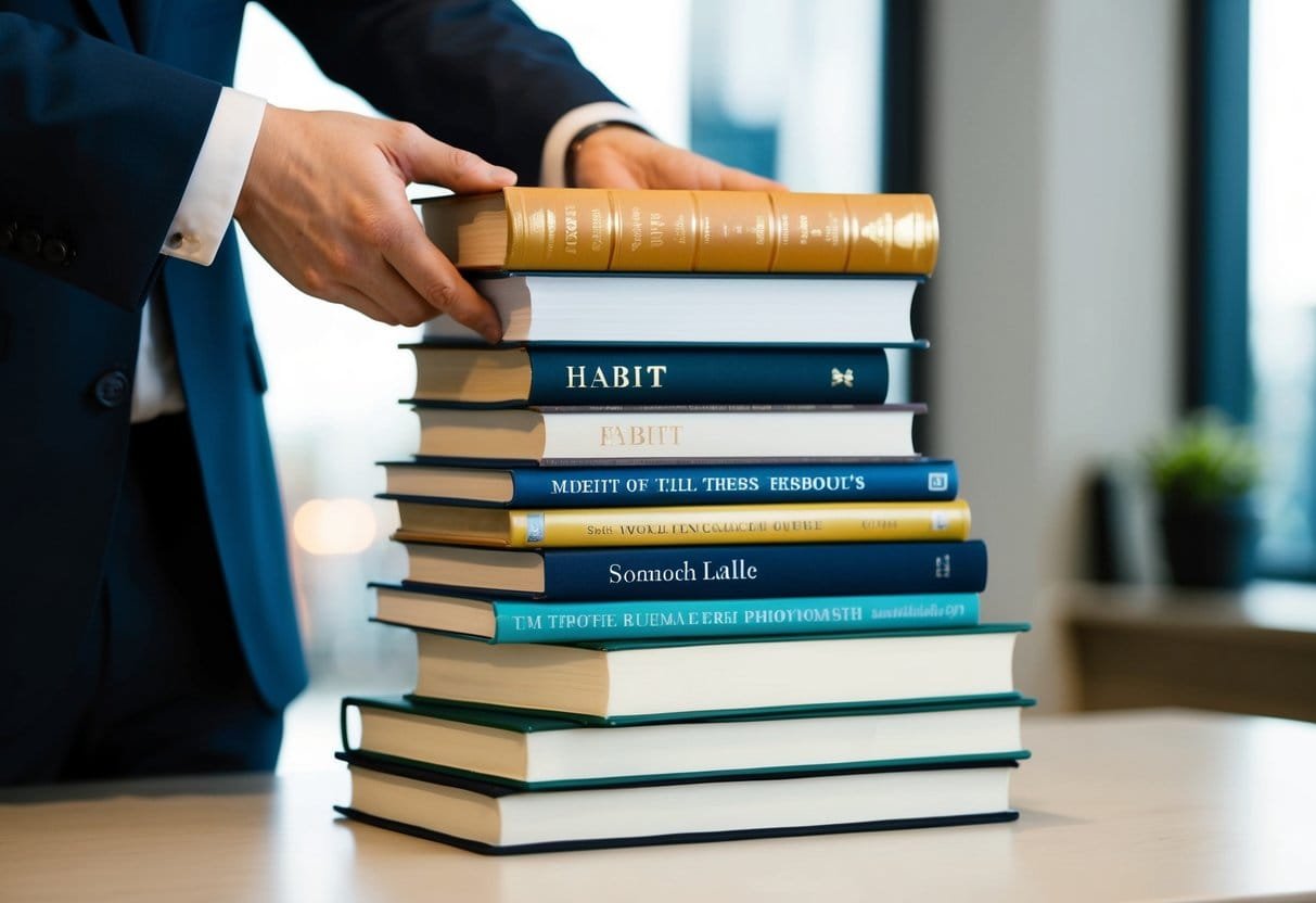 A stack of books on a desk, each one titled with a different habit. A person's hand placing another book on top