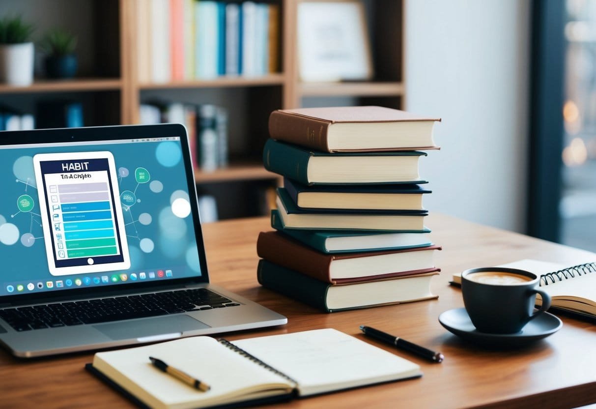 A desk with a neatly organized stack of books, a planner, and a cup of coffee. A laptop displaying a habit tracking app is open, with a pen and notebook beside it