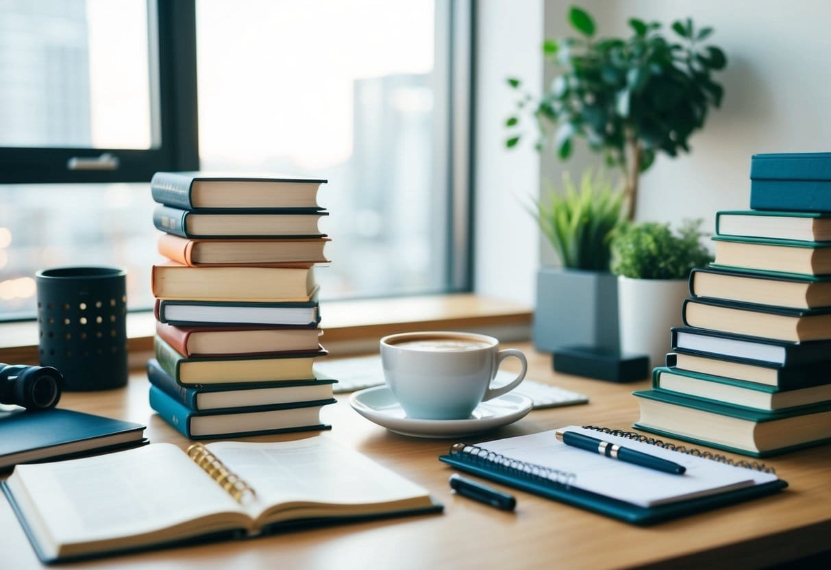 A desk with a neatly organized stack of books, a daily planner, and a cup of coffee, surrounded by various items representing different habits