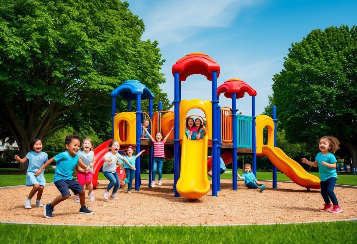 A colorful playground filled with joyful children playing and laughing, surrounded by lush green trees and a bright blue sky representing the importance of play