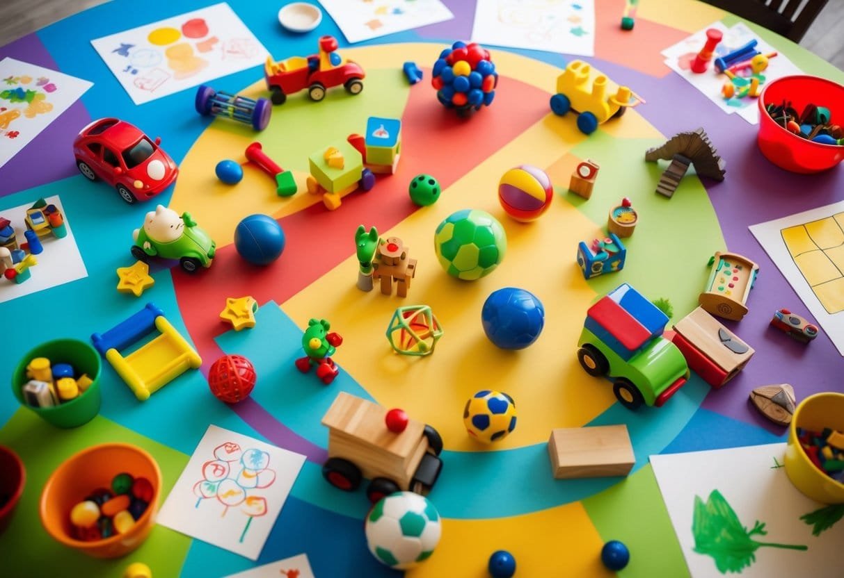 A group of diverse toys scattered on a colorful, open play area surrounded by children's drawings and art supplies