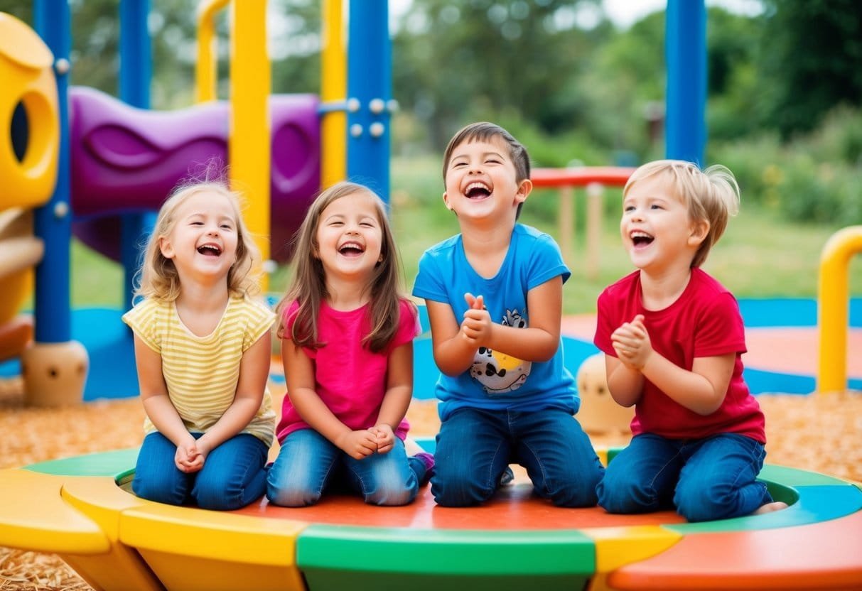 Children laughing and playing in a colorful, imaginative playground, surrounded by nature and open space