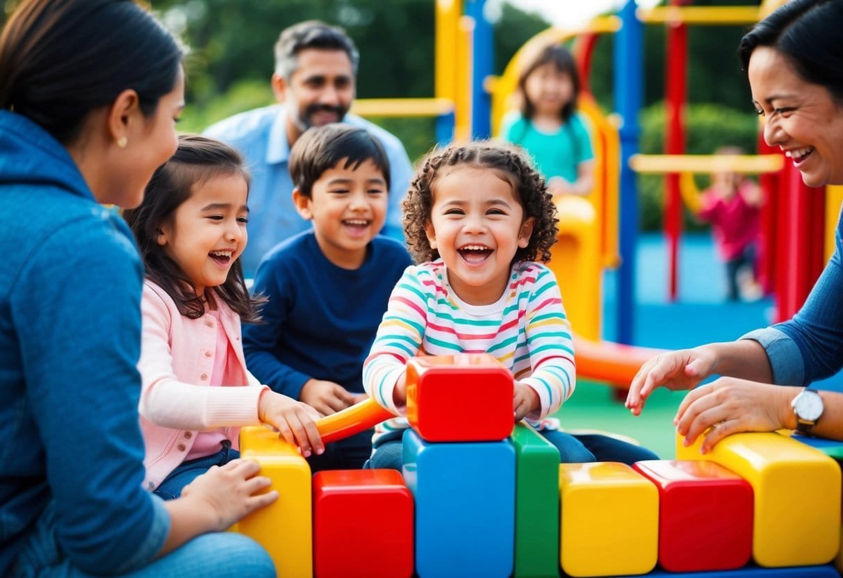 Children laughing, playing, and engaging in imaginative activities in a colorful and vibrant outdoor playground, surrounded by supportive adults
