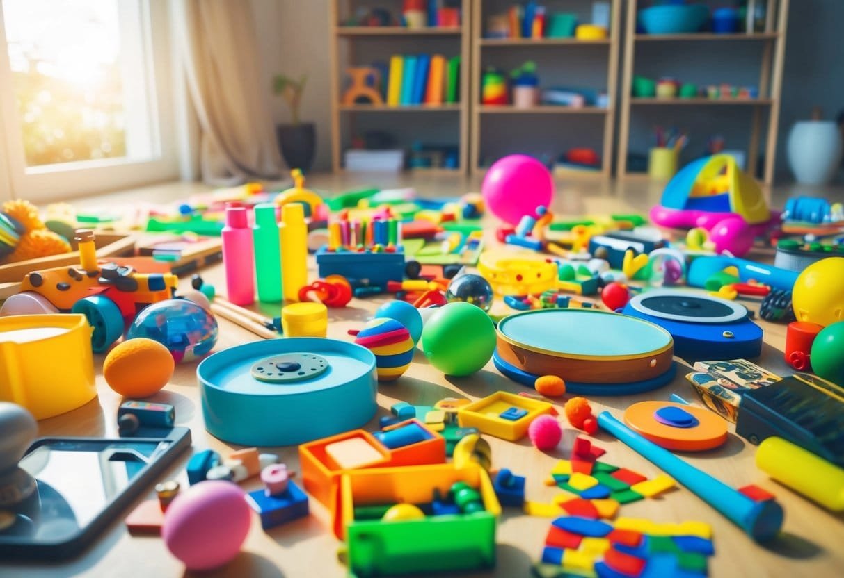 A group of diverse objects, such as colorful toys, art supplies, and musical instruments, scattered across a sunlit room, inviting exploration and creativity
