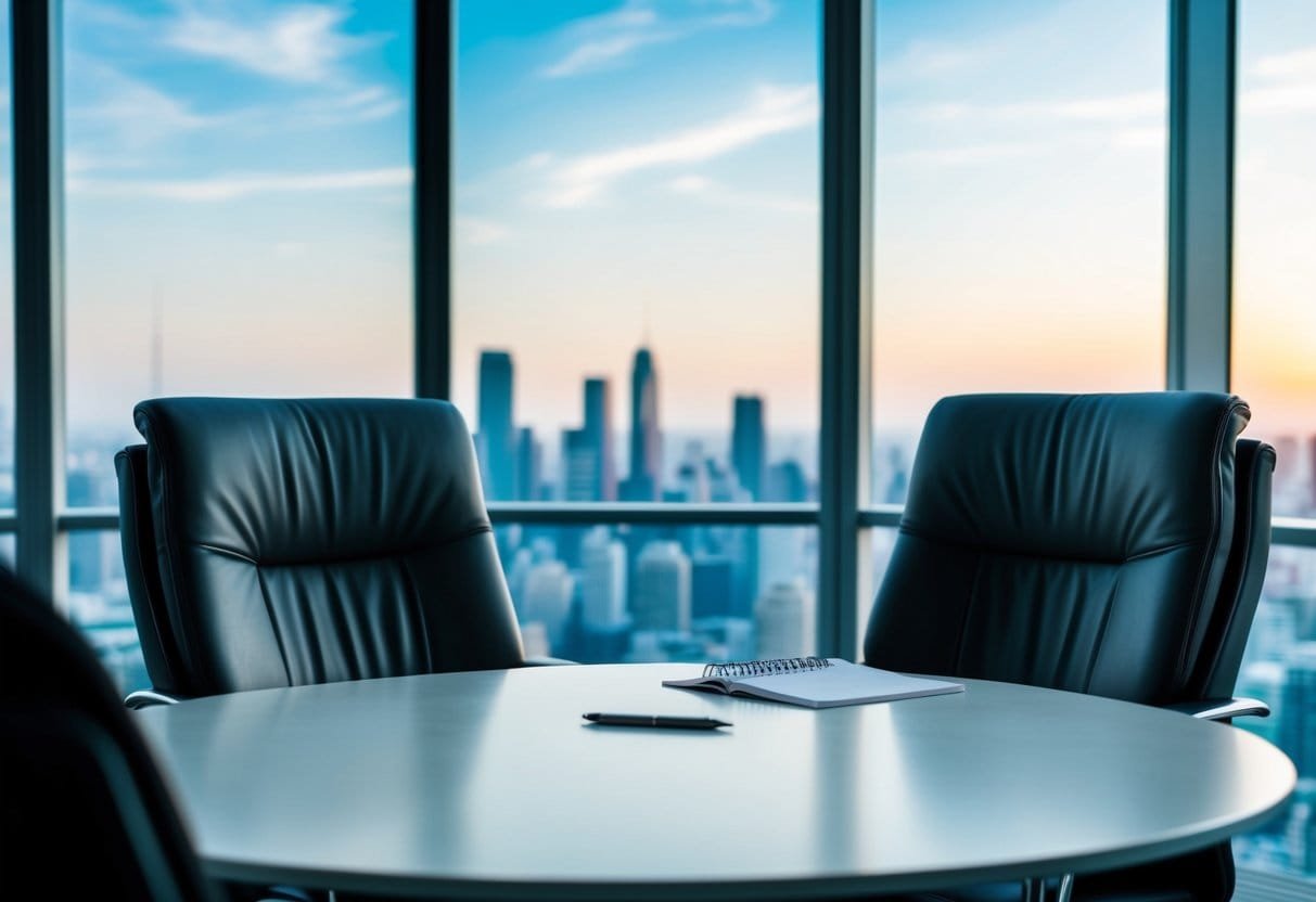 A conference table with two chairs facing each other, surrounded by large windows and city skyline. A pen and notepad sit on the table