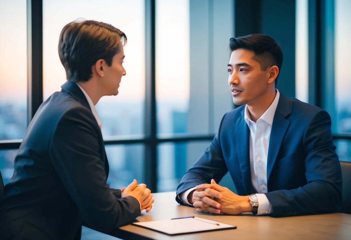 Two individuals sitting across from each other at a table, engaged in a conversation. One person appears confident and assertive, while the other listens attentively, signaling a negotiation in progress