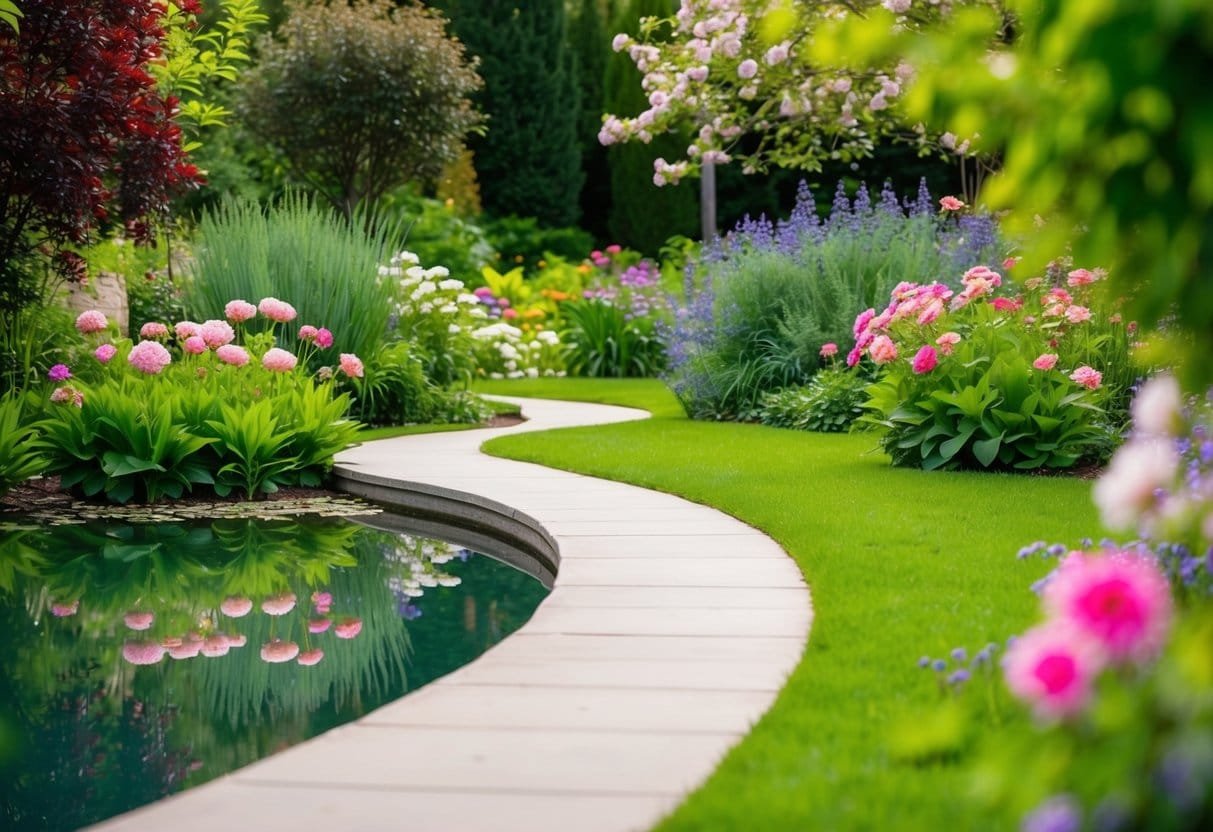 A serene garden with blooming flowers and a winding path leading towards a tranquil pond, surrounded by lush greenery and a sense of peace and acceptance