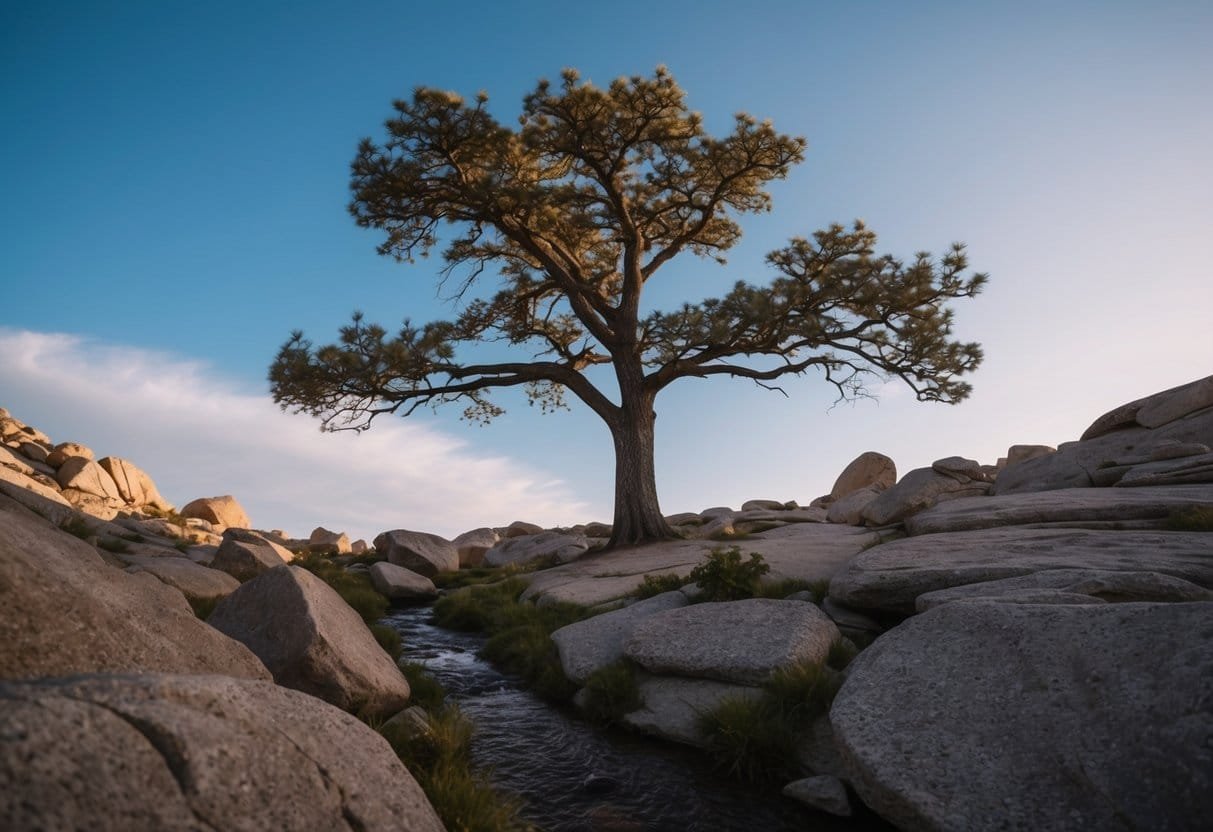 A solitary tree grows amidst rocky terrain, its branches reaching towards the sky. A small stream winds its way around the base of the tree, symbolizing the journey towards self-acceptance and self-compassion