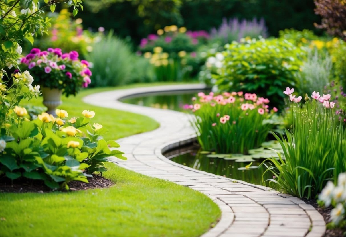 A serene garden with blooming flowers and a winding path leading to a peaceful pond surrounded by lush greenery