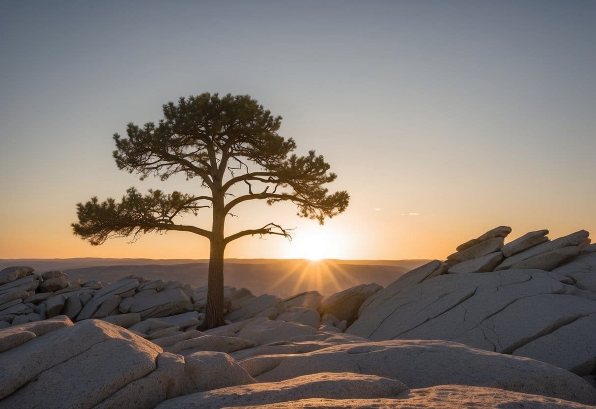 A solitary tree stands tall amidst a rocky landscape, its branches reaching towards the sky. The sun sets in the background, casting a warm glow over the scene