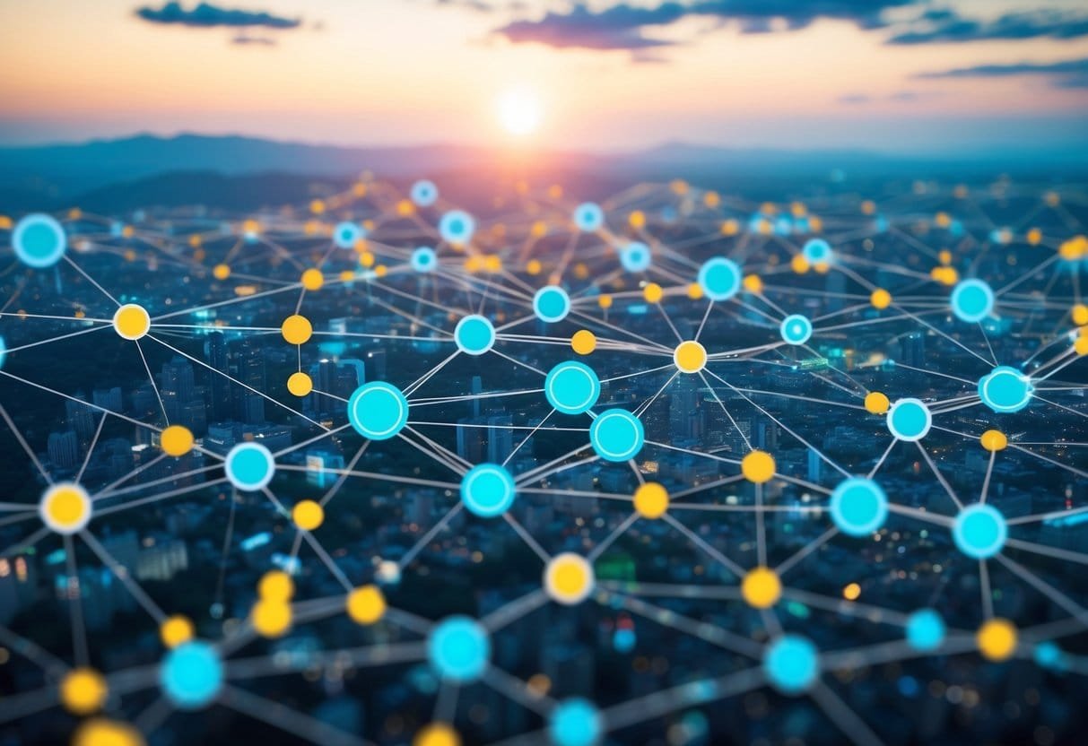 A network of interconnected nodes, representing various opportunities of networking, expanding and branching out across a vibrant and dynamic landscape