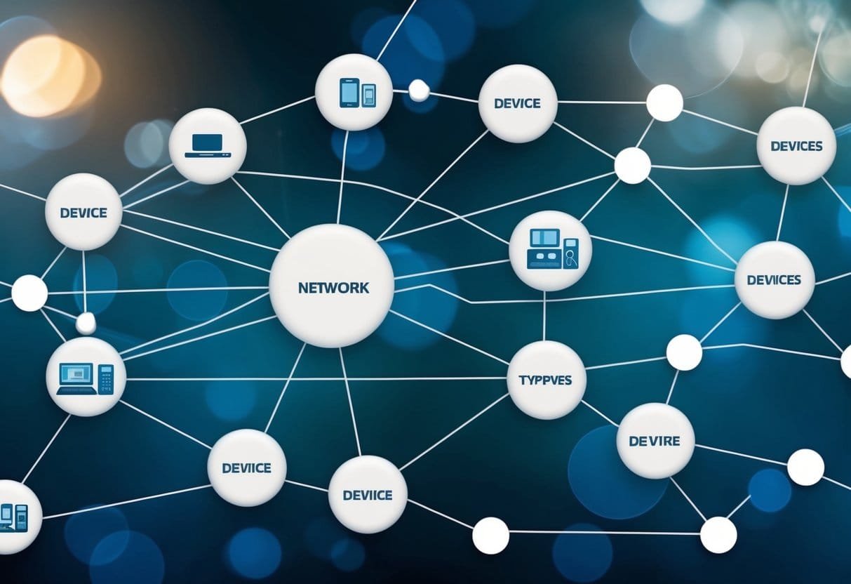 A network of interconnected nodes and lines, representing various communication channels and connections. Different nodes are labeled with different types of devices