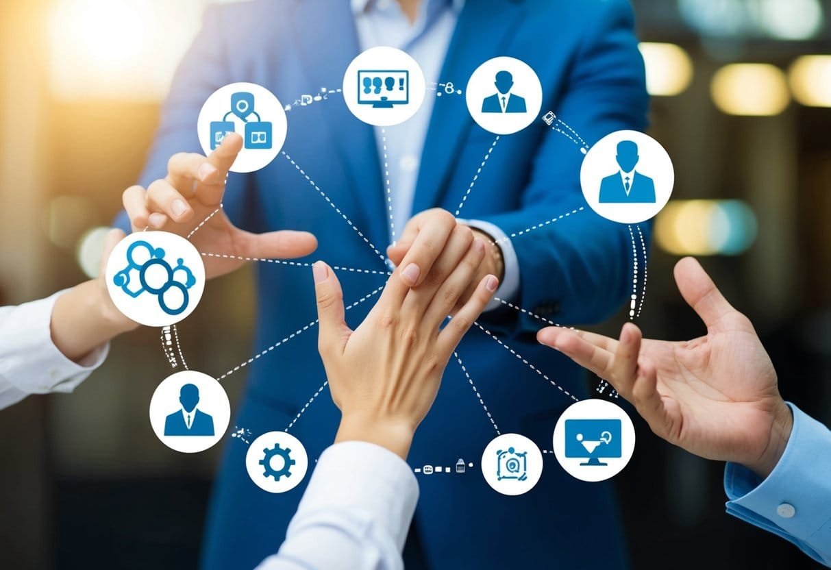 A person's hand reaching out to connect with other hands in a network, surrounded by symbols representing personal branding and career opportunities