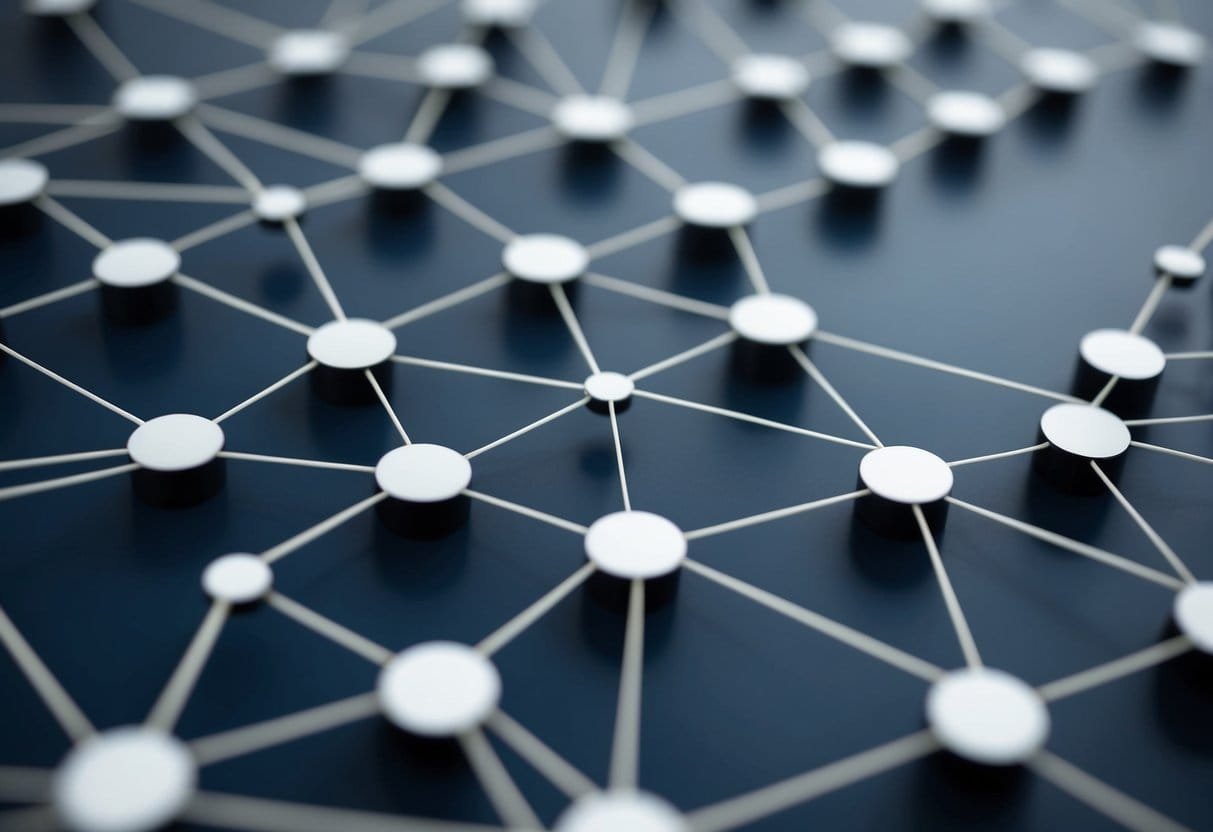 A group of interconnected nodes forming a web, with lines connecting them to represent networking techniques and strategies for building a strong network
