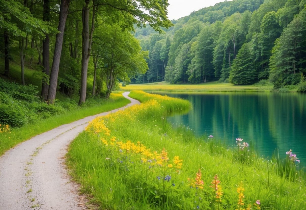 A serene forest with a winding path leading to a tranquil lake, surrounded by lush greenery and colorful wildflowers. The scene exudes peace and solitude represents digital detox, inviting viewers to disconnect and recharge