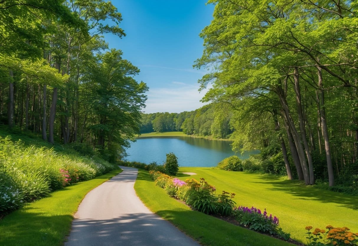 A serene forest with a winding path leading to a tranquil lake, surrounded by lush greenery and colorful flowers, under a clear blue sky