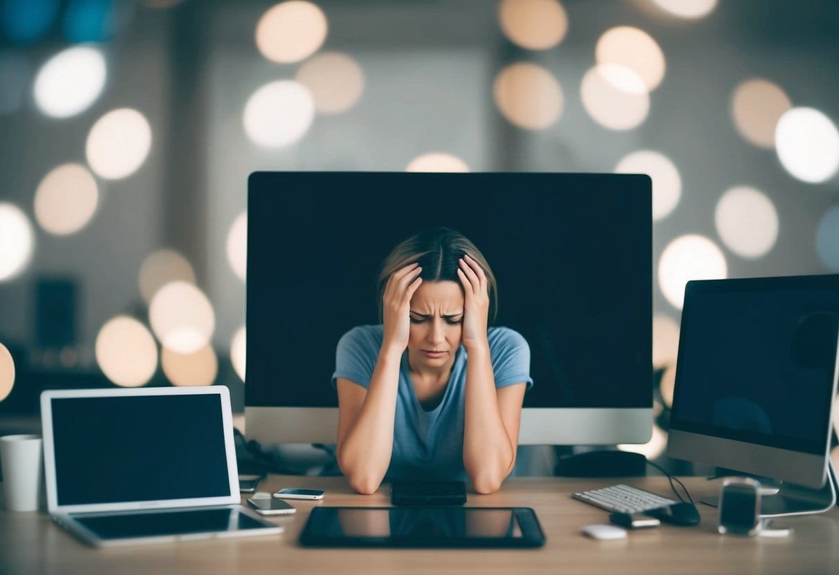 A person sitting in front of a screen, surrounded by various digital devices. The person looks tired and overwhelmed, with a sense of being consumed by technology