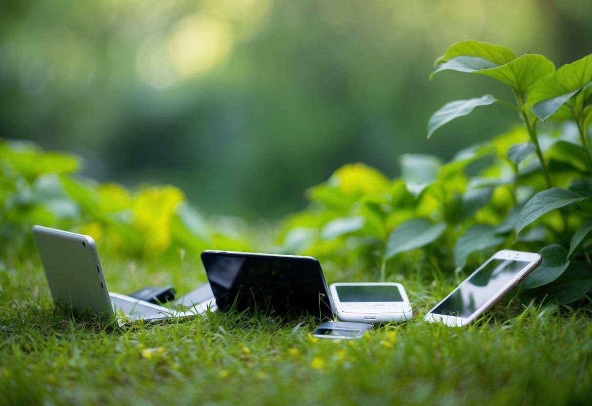 A serene nature scene with a person's digital devices discarded and untouched, surrounded by lush greenery and a calm, peaceful atmosphere