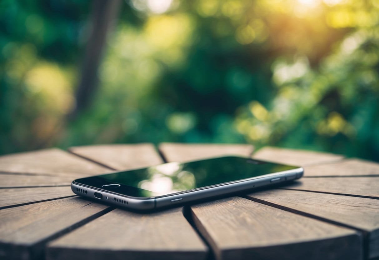 A serene outdoor setting with a smartphone placed face down on a wooden table, surrounded by nature and a sense of calm