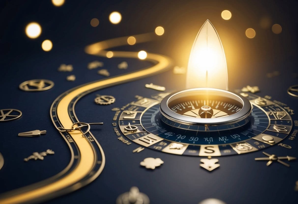 A compass pointing towards a glowing light at the end of a winding path, surrounded by symbols of different passions and interests