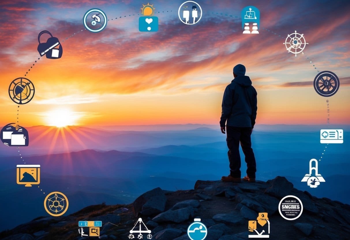 A figure stands on a mountaintop, gazing out at a vibrant sunrise over a vast, open landscape, surrounded by symbols of various interests and pursuits