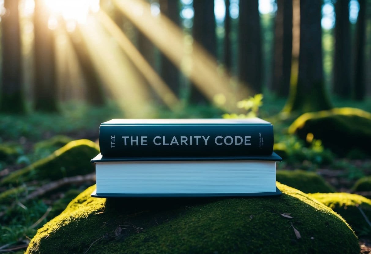 A serene forest clearing with a beam of sunlight illuminating a book titled "The Clarity Code" resting on a moss-covered rock
