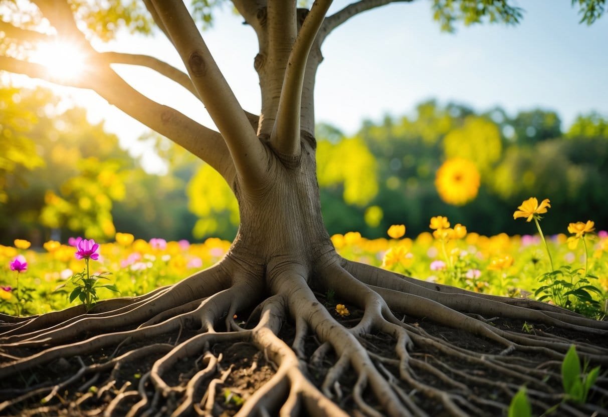 A tree with roots spreading deep into the ground, surrounded by vibrant flowers and reaching towards the sunlight