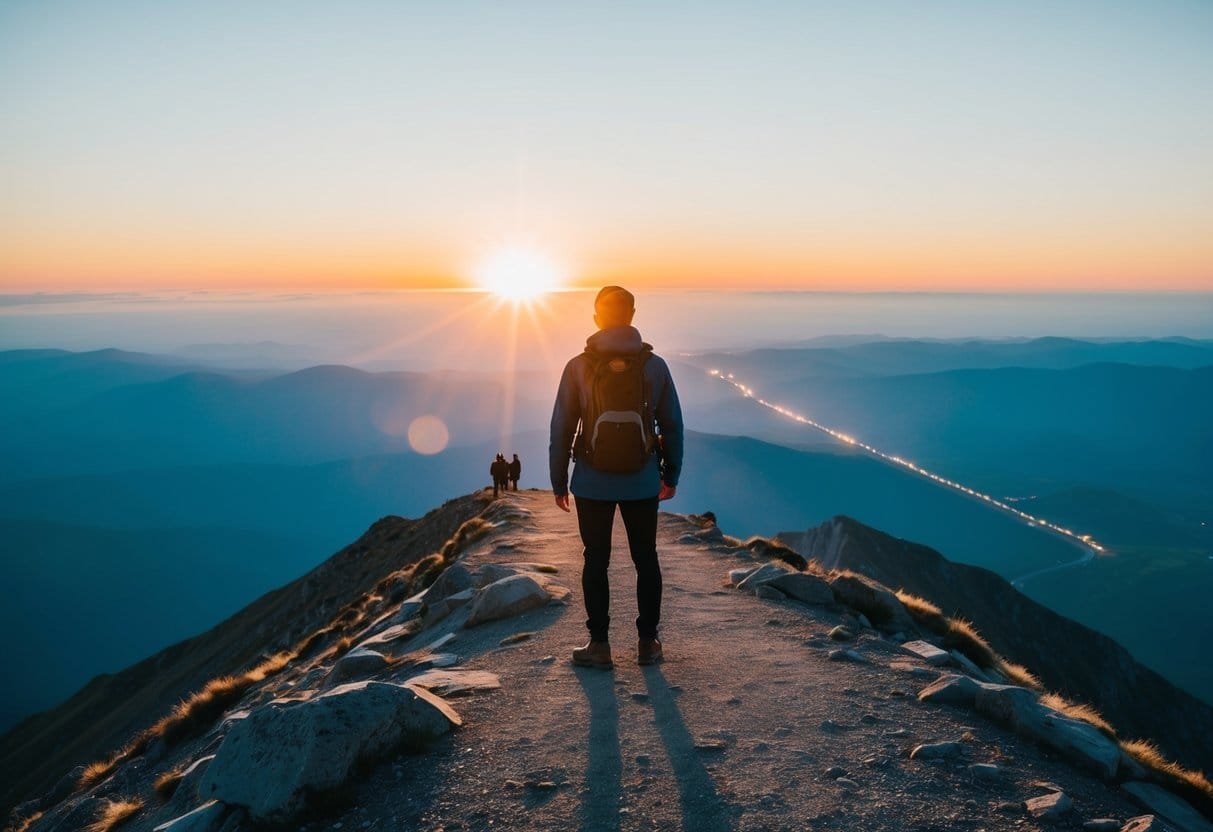 A person standing on a mountain peak, looking out at a vast landscape with a clear path leading towards a glowing, purposeful destination