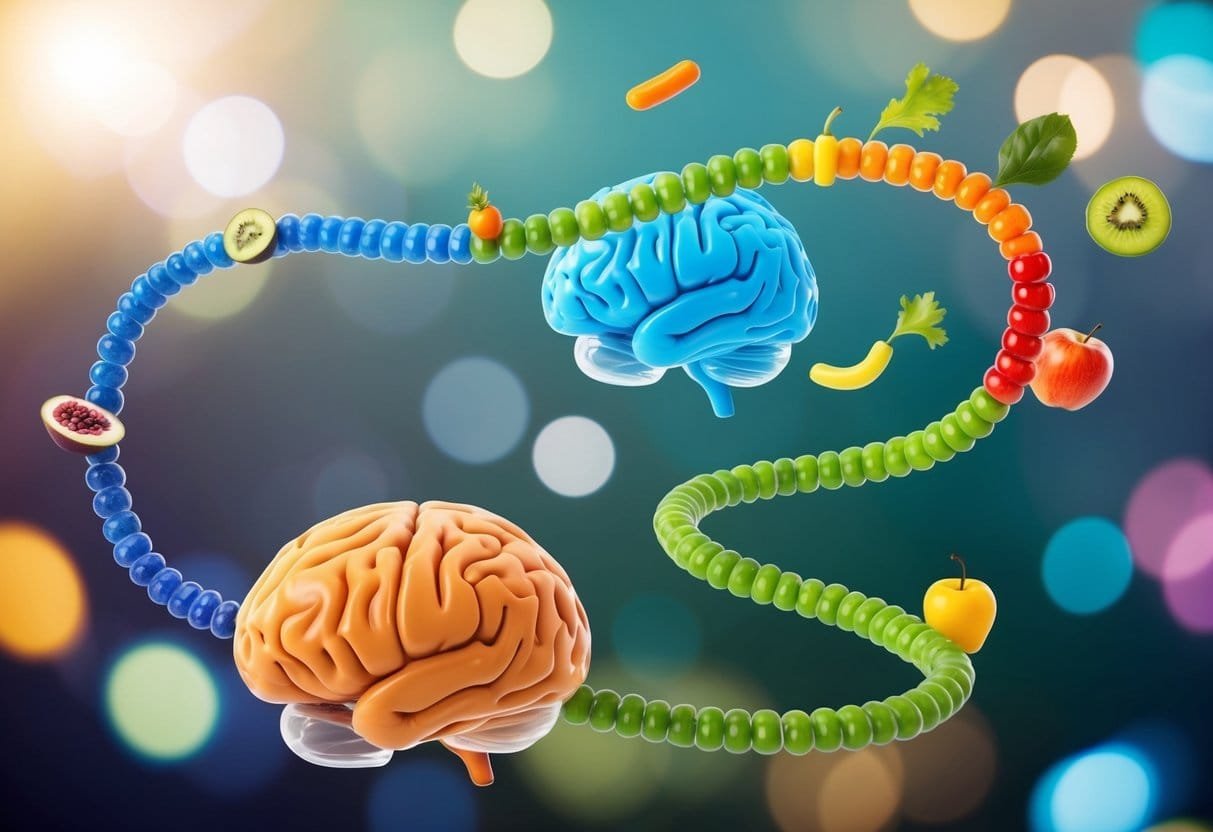 A colorful, winding pathway connects a brain and a stomach, with various healthy foods and neurotransmitters floating between them