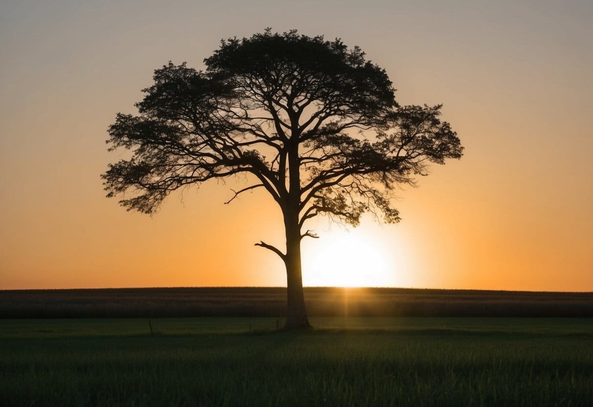 A lone tree stands tall in a field, its branches reaching towards the sky. The sun sets behind it, casting a warm glow over the landscape