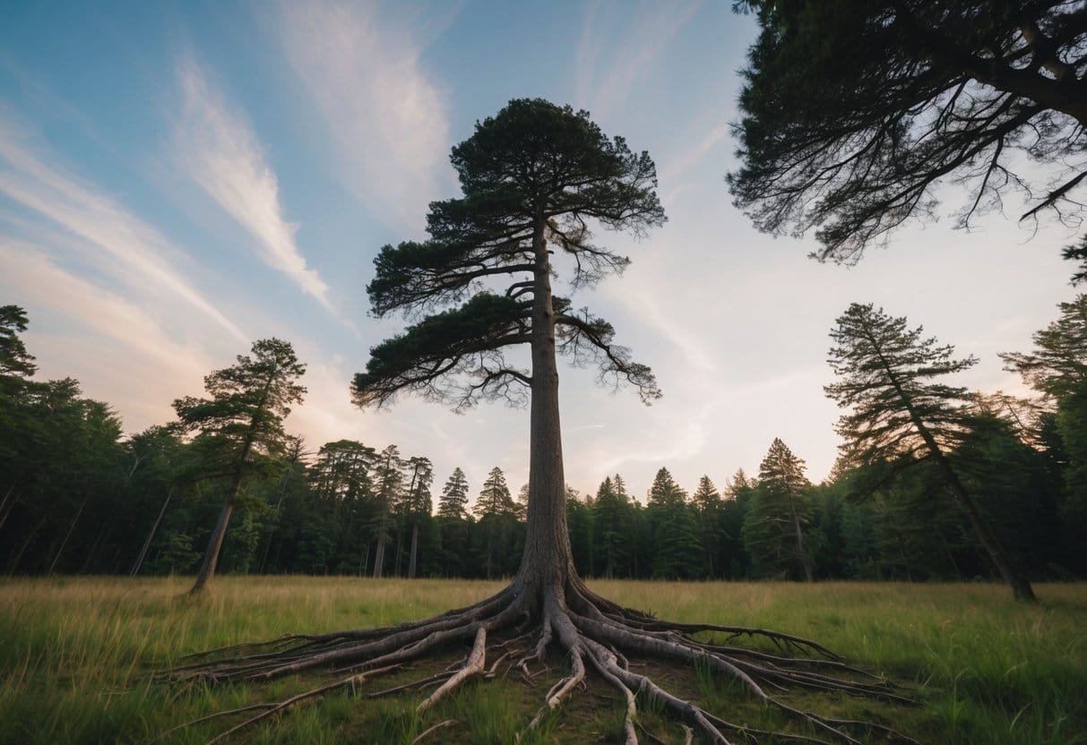 A lone tree stands tall amidst a forest, its roots firmly grounded as it reaches towards the sky, symbolizing the journey of self-discovery and living authentically