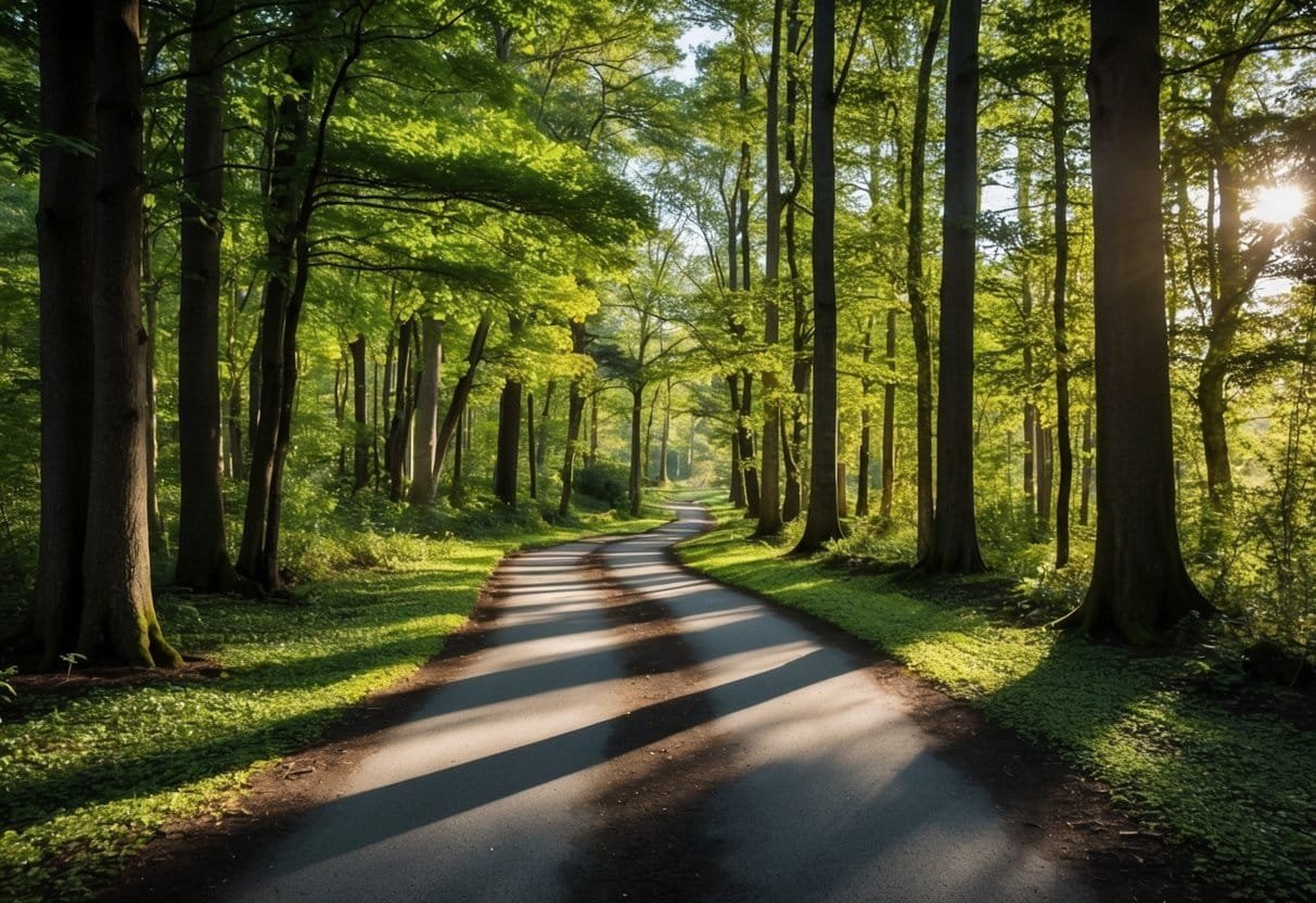 A winding path through a dense forest, with tall trees and sunlight filtering through the leaves, creating dappled patterns on the ground